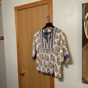 Lucky Brand Large Multi-Color w/Striped Floral Print 3/4 Sleeve Blouse - EUC